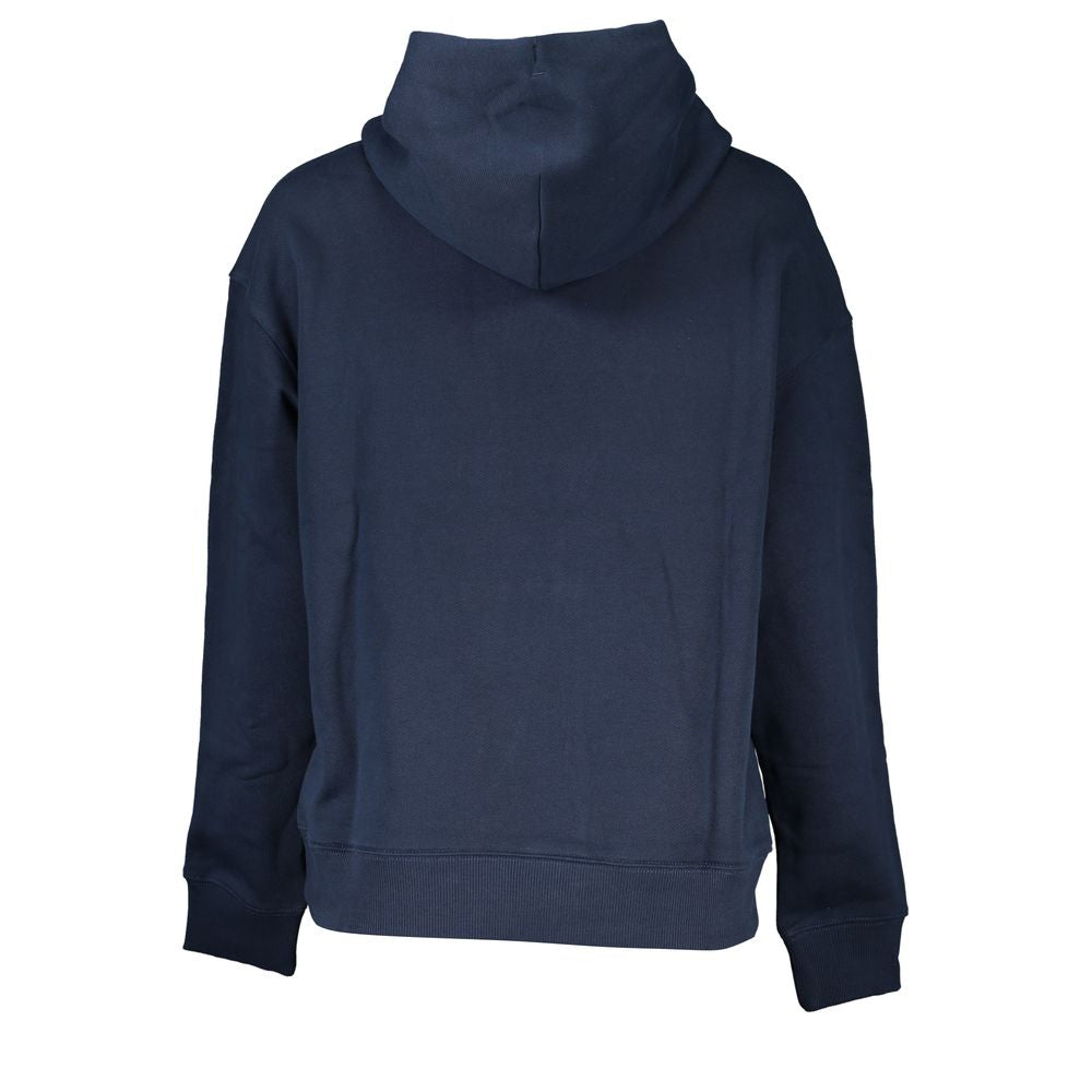 Tommy Hilfiger blue cotton women's sweater, back view showing hood and long sleeves, emphasizing cozy, sustainable style.
