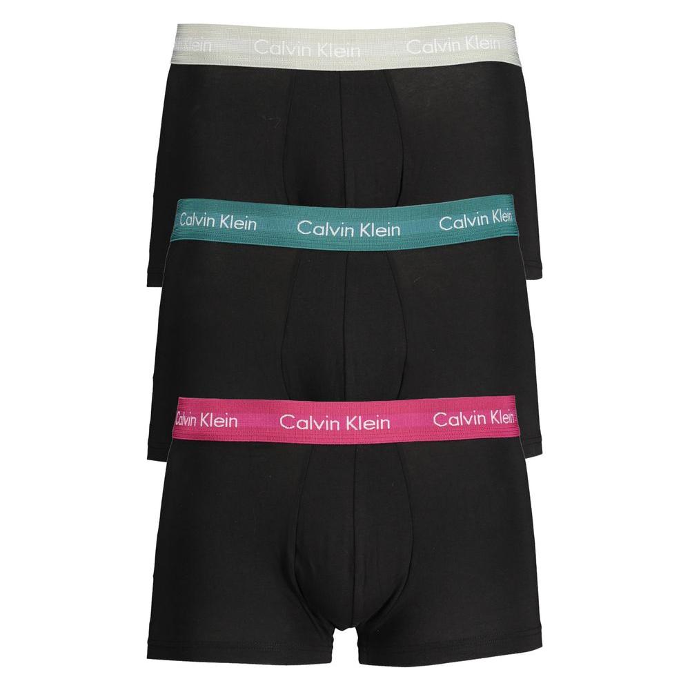 Calvin Klein black cotton underwear boxer tri-pack with contrasting elastic waistbands in different colors, featuring brand logo.
