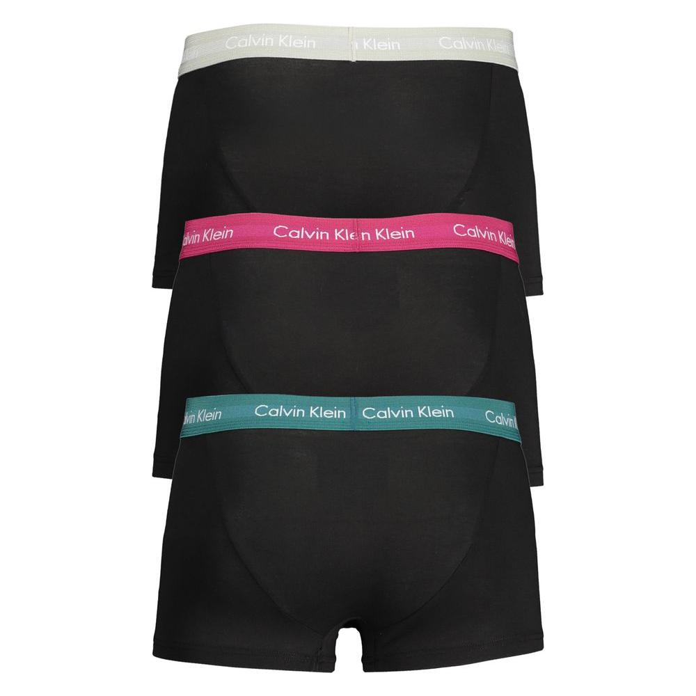 Calvin Klein black cotton underwear boxer tri-pack with elastic waistbands in assorted colors and contrast logo details.