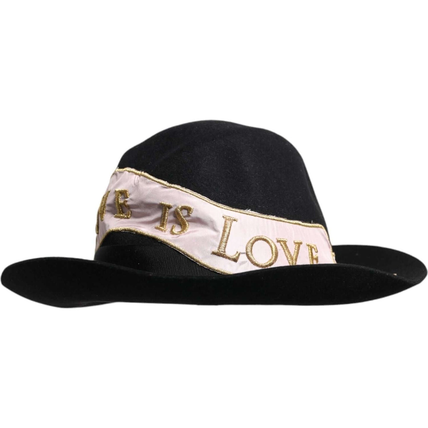 Dolce & Gabbana black wide brim hat with embroidered logo and "Love is Love" band, made of rabbit and viscose, made in Italy.
