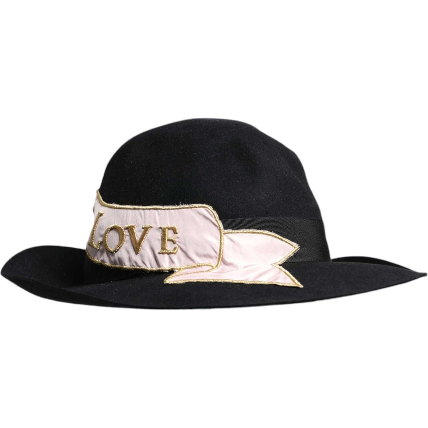 Dolce & Gabbana black wide brim hat with embroidered logo and decorative ribbon, made from rabbit, viscose, cotton, Made in Italy.
