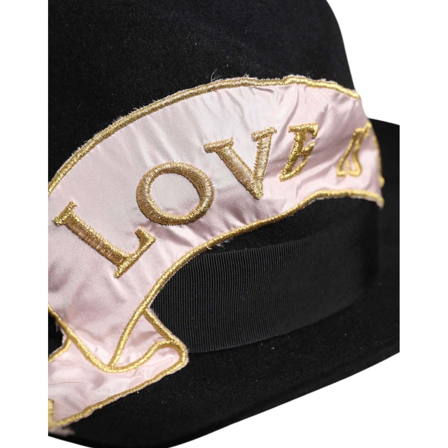Dolce & Gabbana black wide brim hat with gold logo embroidery on pink band, luxury women’s accessory, made in Italy