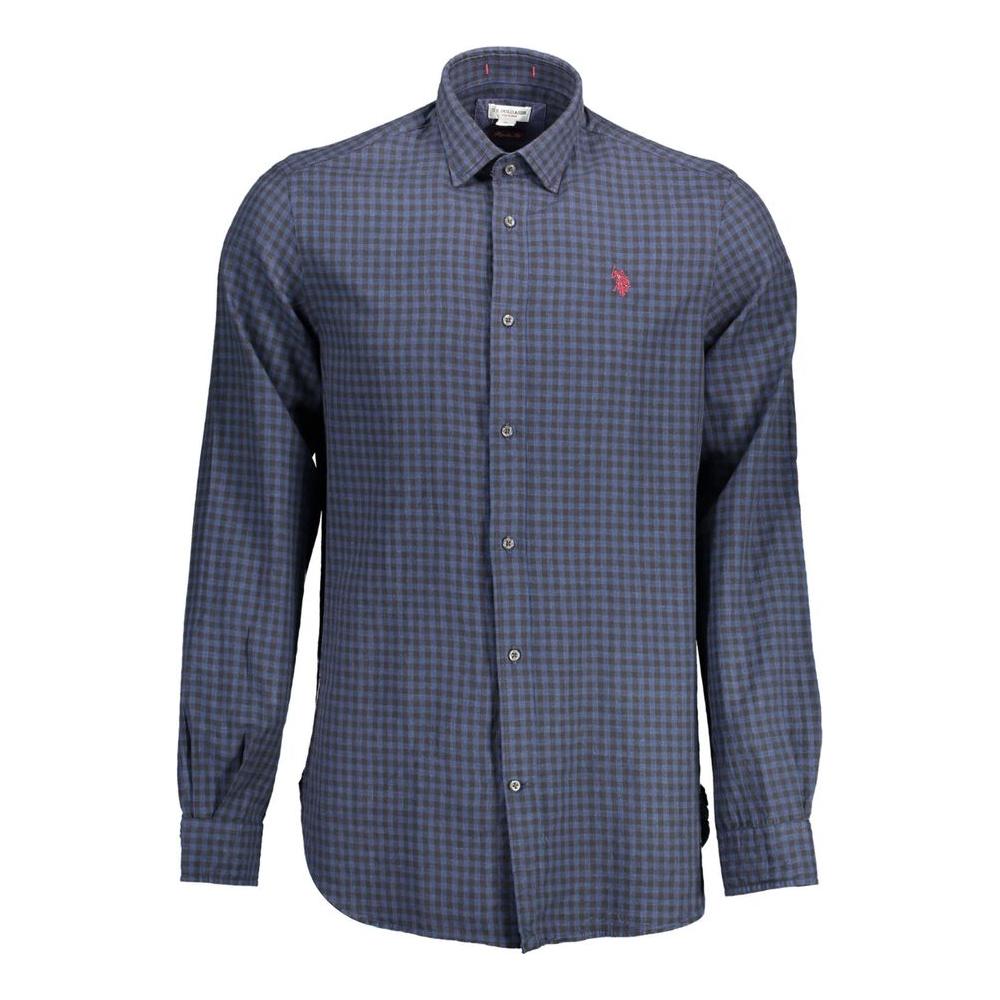 U.S. POLO ASSN. blue cotton men's shirt with French collar and embroidery, long sleeves, tailored fit for classic and modern style.