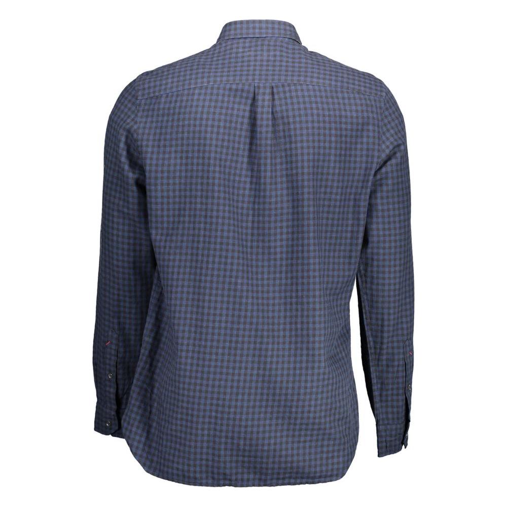 Back view of U.S. POLO ASSN. blue cotton men's shirt featuring a checkered pattern, long sleeves, and classic design.