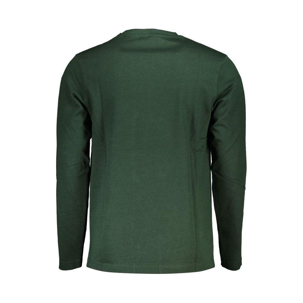 Back view of a U.S. Grand Polo green long sleeve cotton T-shirt featuring a crew neck and contrast details with embroidery and logo.