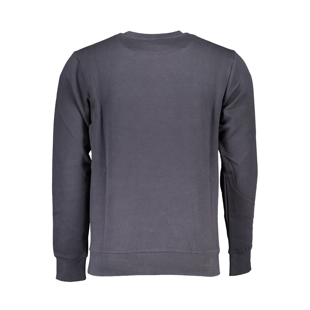 Back view of U.S. Grand Polo blue cotton sweater, long-sleeved, crew neck with embroidery and logo detail.