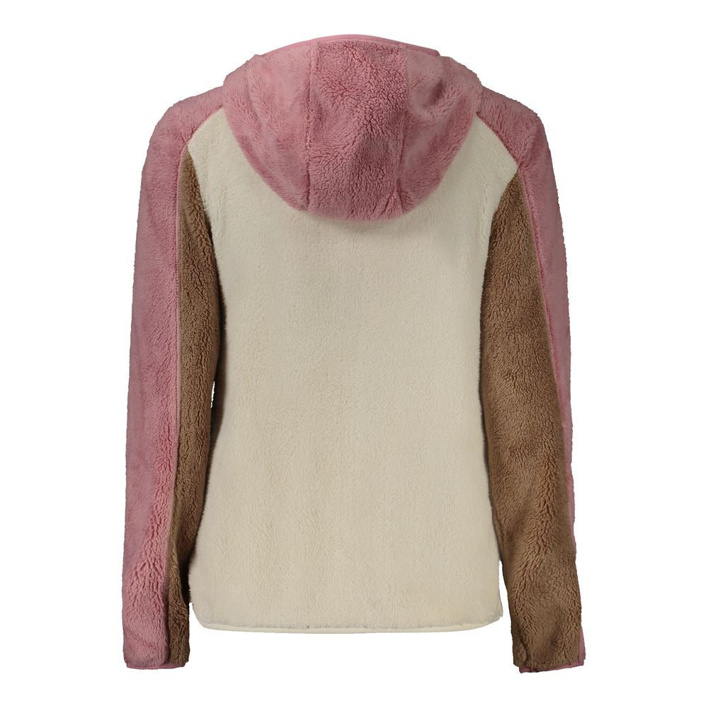 Women's color-block jacket with pink hood and multi-colored sleeves, featuring a plush texture and cozy design.