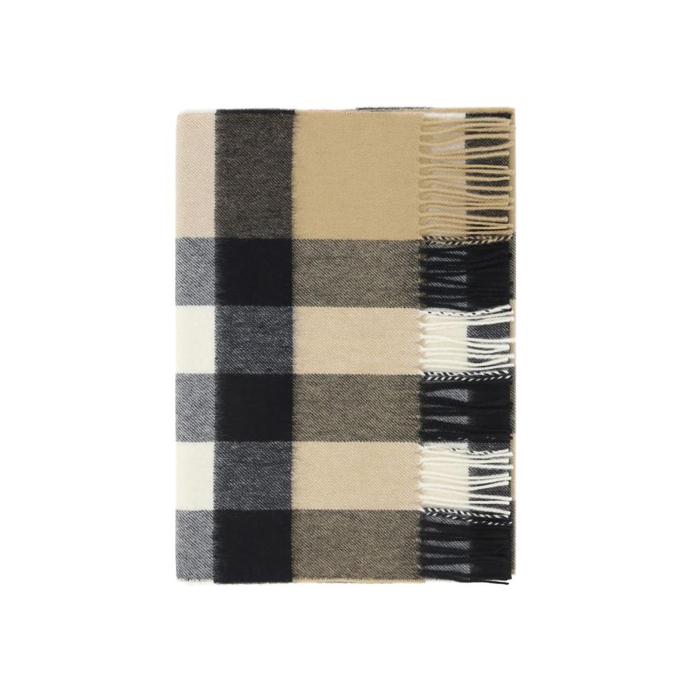 Burberry cashmere scarf with iconic Check Archive pattern and frayed hems, showcasing timeless elegance and luxury style.