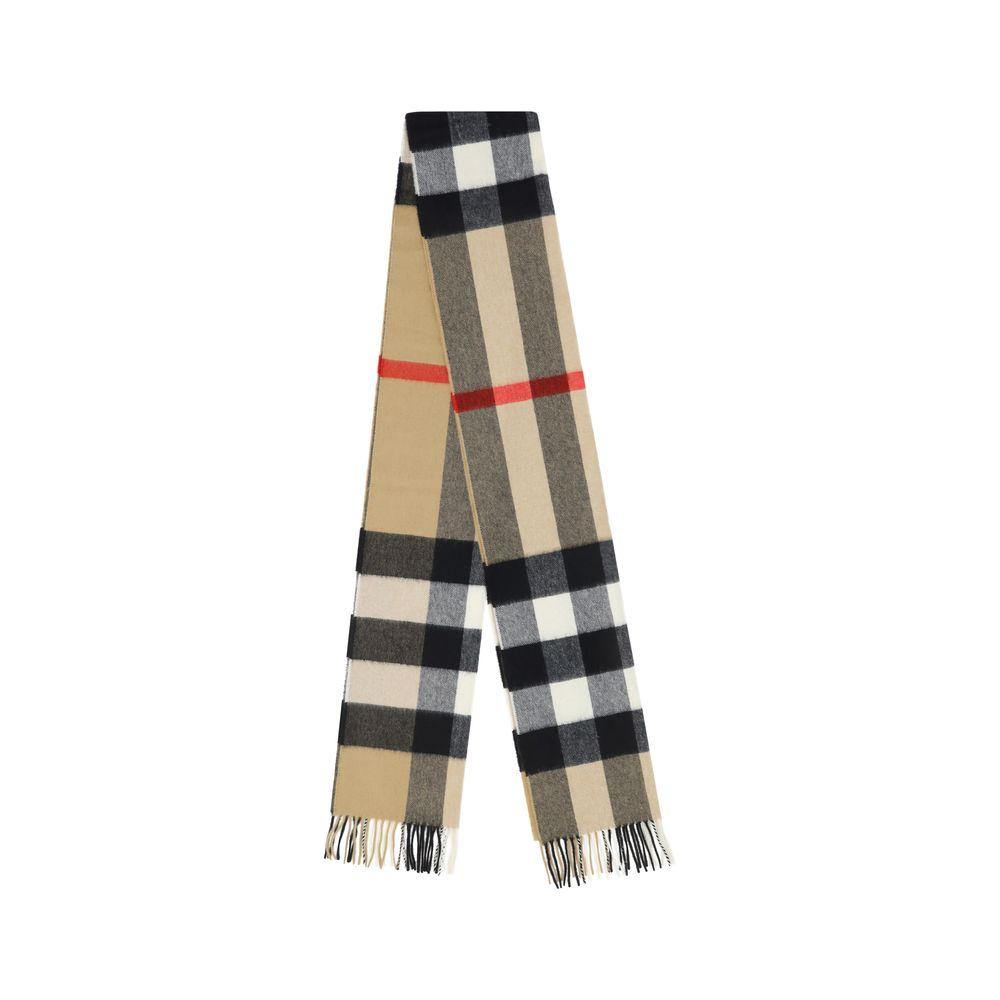 Burberry cashmere scarf featuring iconic Check Archive pattern with frayed hems, showcasing classic elegance and style.