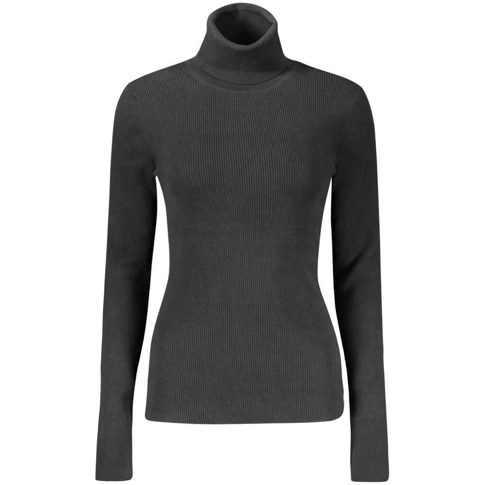 Calvin Klein black cotton women's sweater, turtleneck, long sleeves, applique logo, modern elegance and comfort.