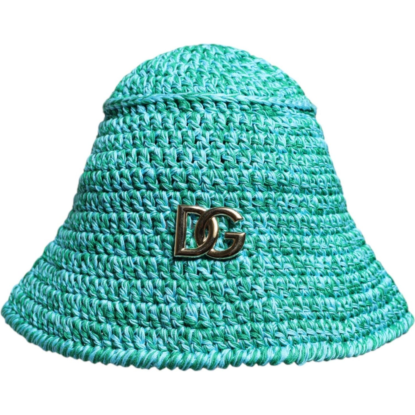 Dolce & Gabbana green cotton crochet bucket hat with DG logo, women's fashion accessory made in Italy.