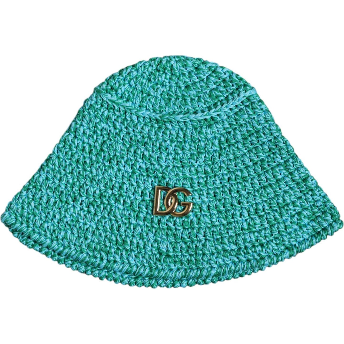 Dolce & Gabbana green cotton crochet bucket hat with DG logo, made in Italy.