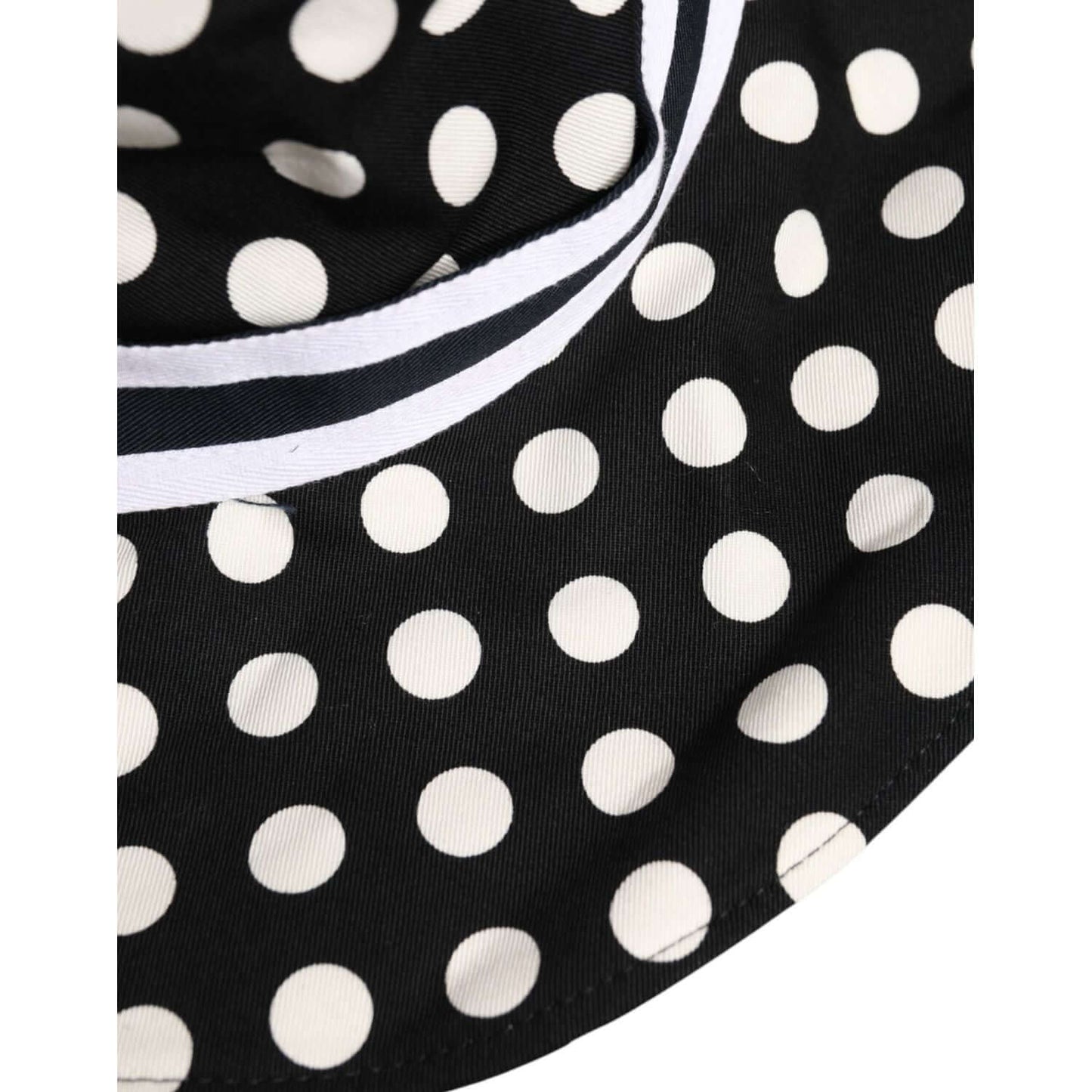 Dolce & Gabbana black and white polka dot wide brim bucket hat with silk lining and logo detail, made in Italy.