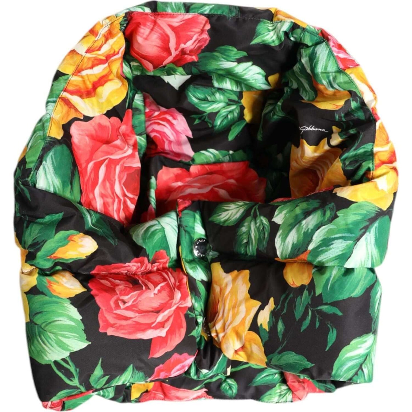 Dolce & Gabbana multicolor floral print head wrap hat, 100% polyester, made in Italy, luxury women's accessory with vibrant roses.