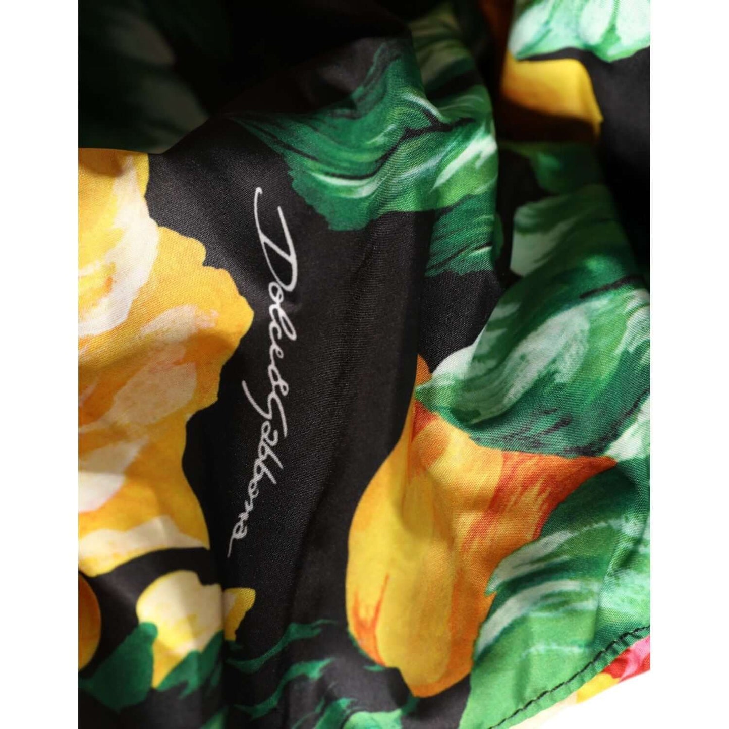 Dolce & Gabbana multicolor floral print head wrap hat, close-up of fabric and logo detail, 100% polyester, made in Italy