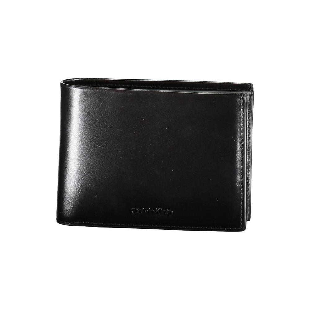 Calvin Klein black leather men's wallet with embossed logo, featuring dual compartments and RFID protection for modern style and security.
