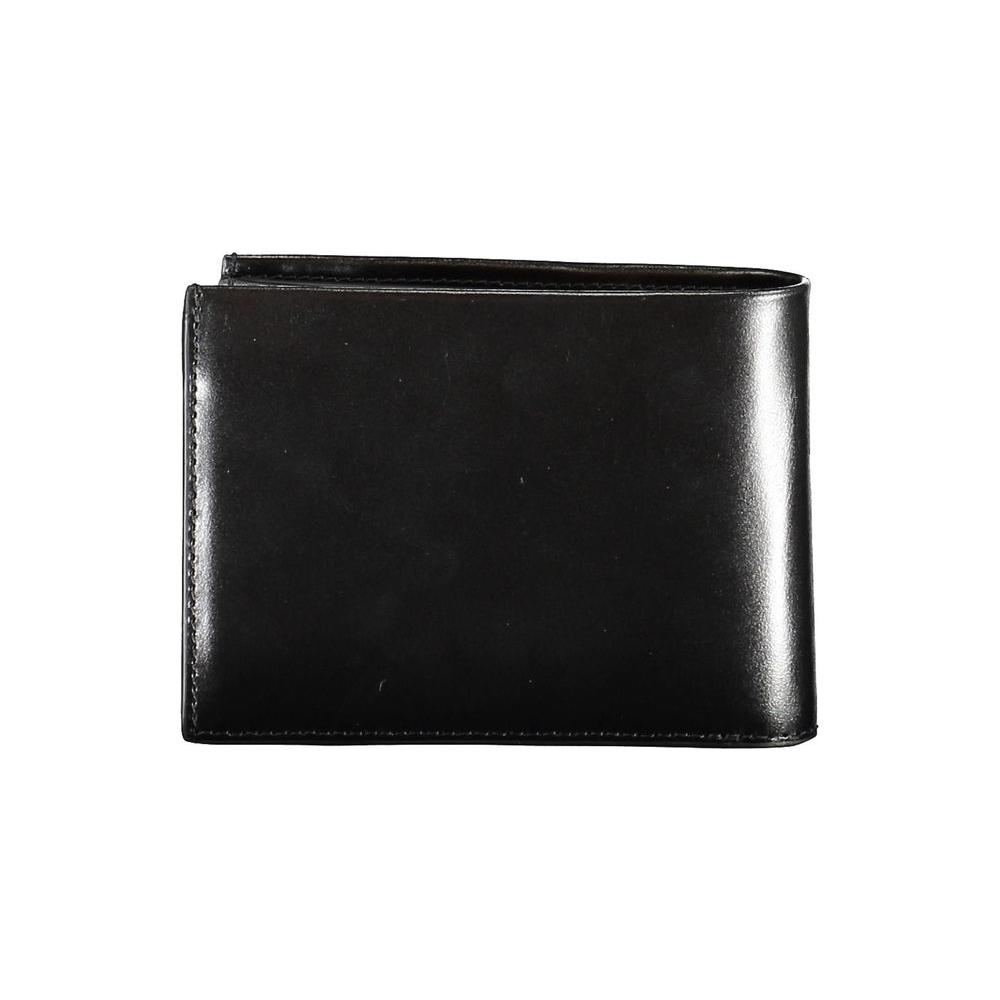 Calvin Klein black leather men's wallet with RFID protection, dual compartments, and embossed logo, showcasing timeless elegance and security.