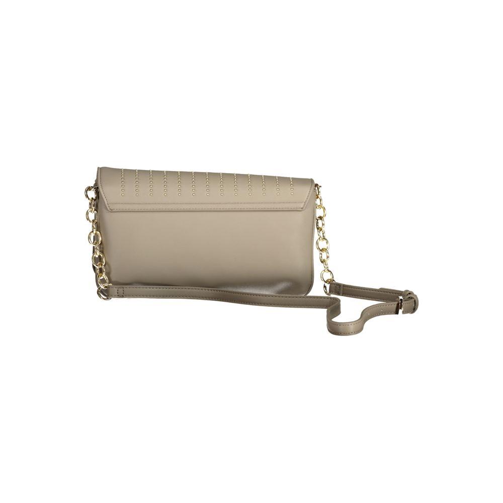 Valentino beige handbag with adjustable chain strap, zipper closure, and three compartments featuring contrast details and logo.