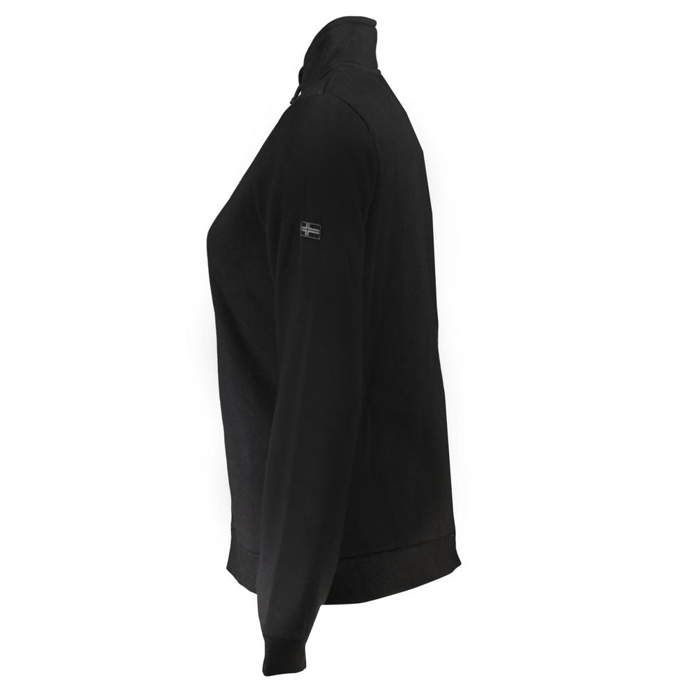 Side view of Norway 1963 black cotton women sweater with zip detail and embroidery, long sleeve design for comfort and style.