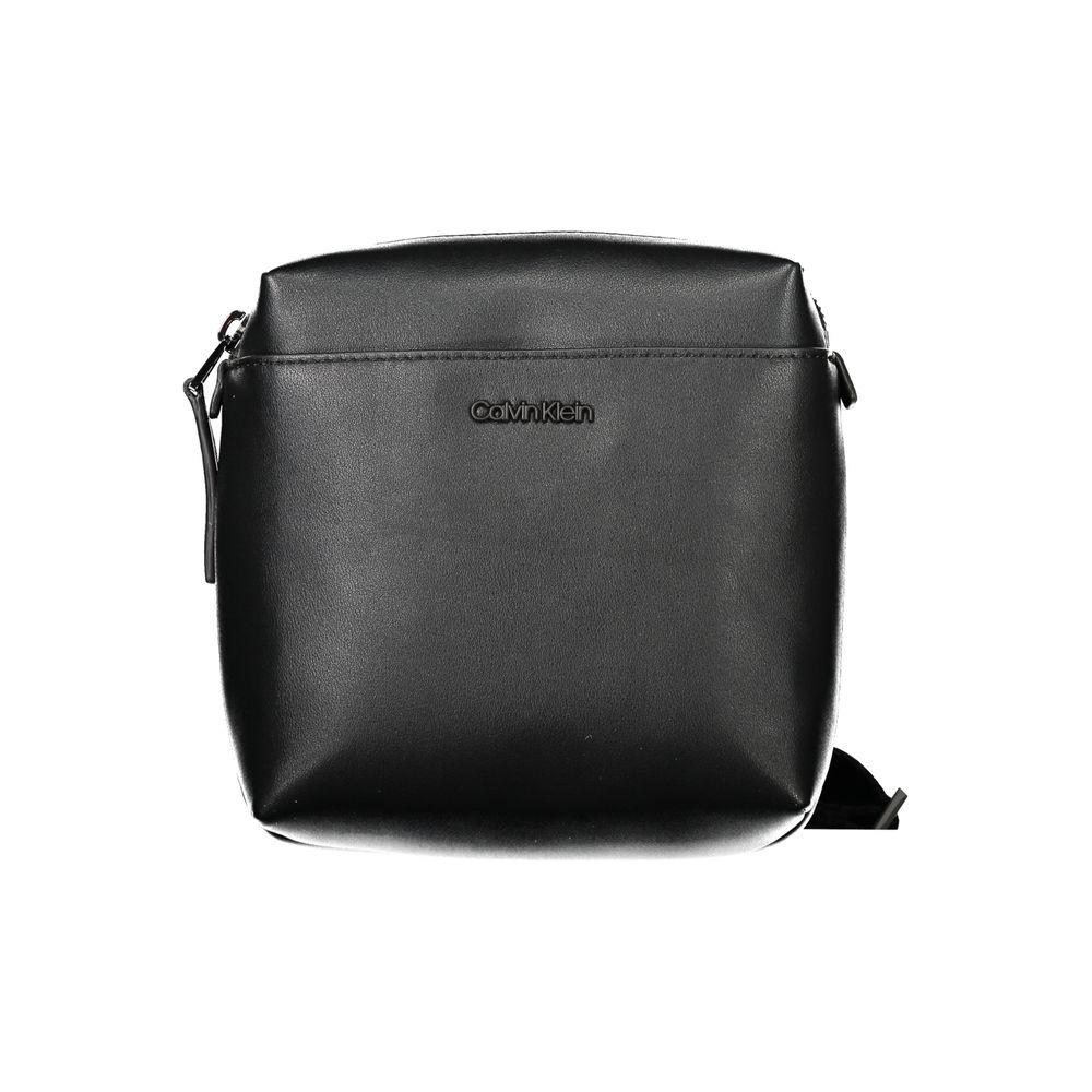 Calvin Klein black polyethylene men's shoulder bag with adjustable strap and external pocket for modern style and durability.