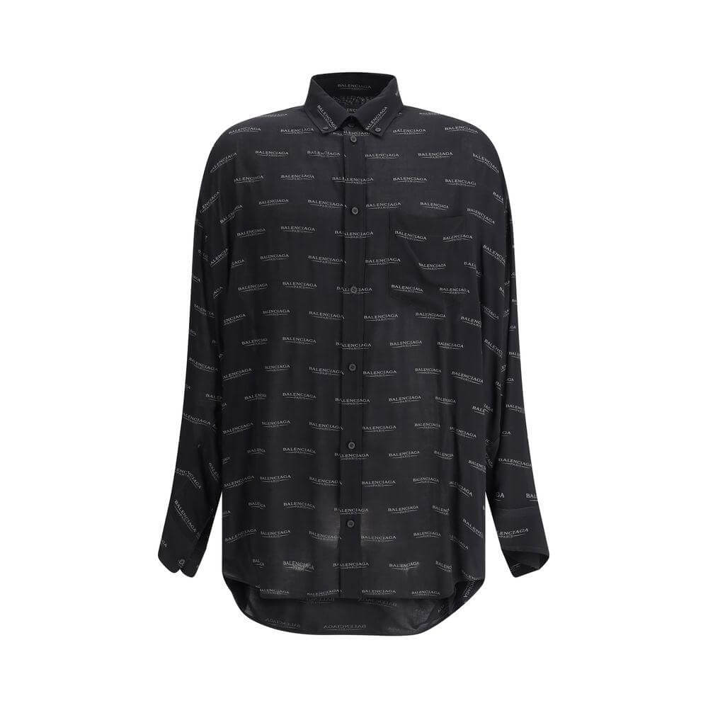 Balenciaga logoed shirt with classic collar, front button closure, and monogram print; oversized fit for urban style.