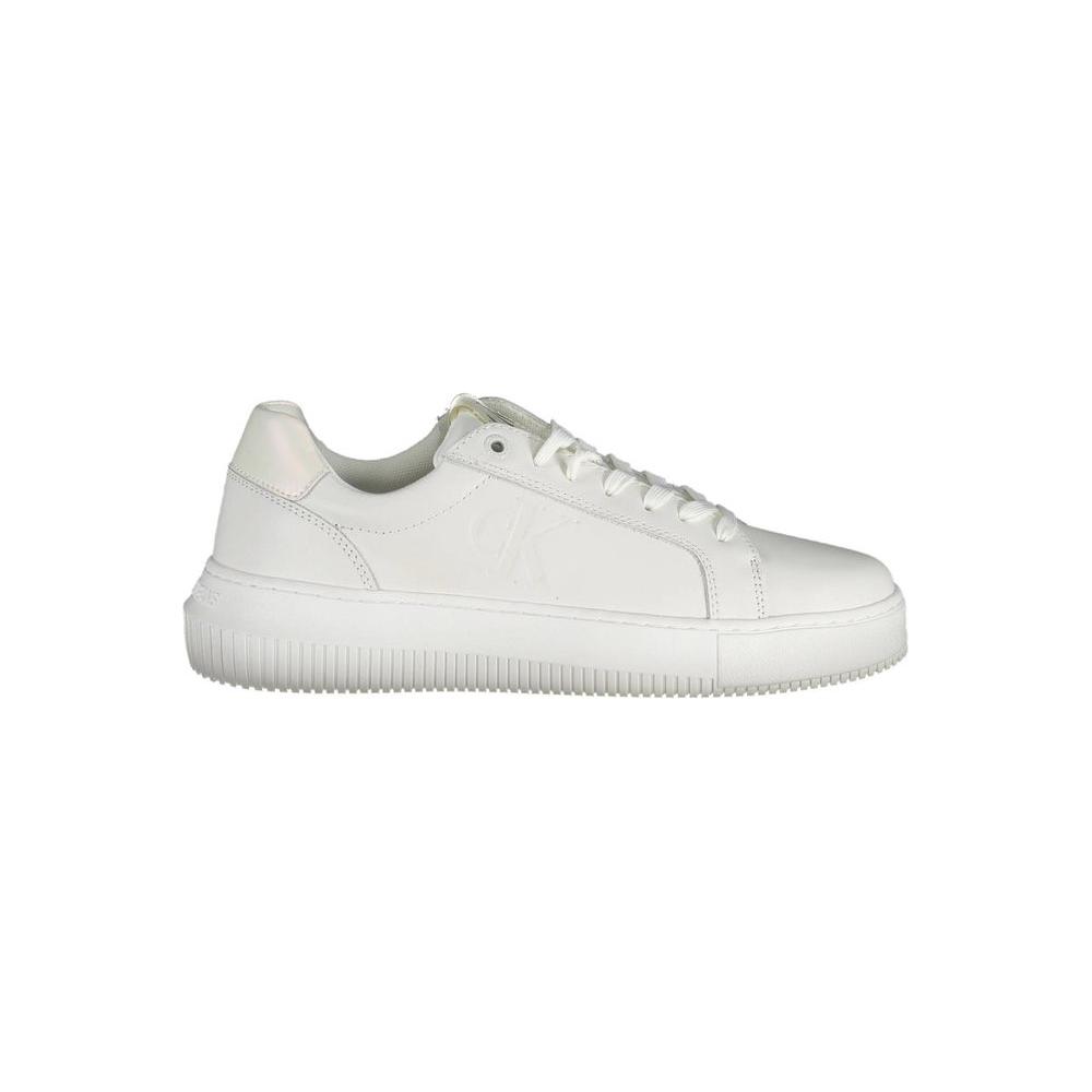 Calvin Klein white leather women's sneaker with sleek design, showcasing a blend of polyester and leather for style and comfort.