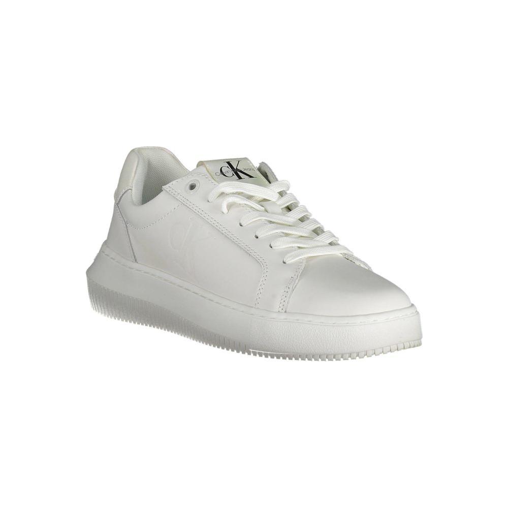 Calvin Klein white leather women's sneaker with lace-up design, sleek finish, and contrasting details for stylish comfort.