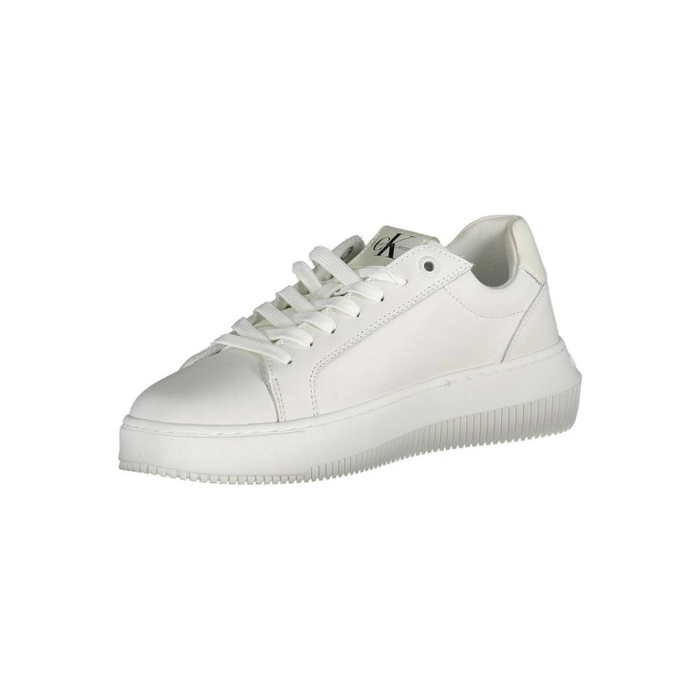 Calvin Klein white leather women's sneaker, sleek design with lace-up style and contrasting details for fashion-forward comfort.