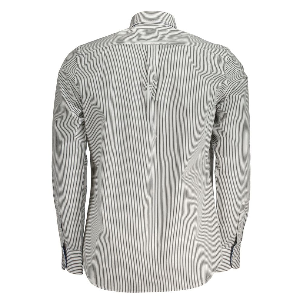 Back view of Harmont & Blaine long sleeve striped white cotton shirt with button-down collar and contrasting inside cuffs.