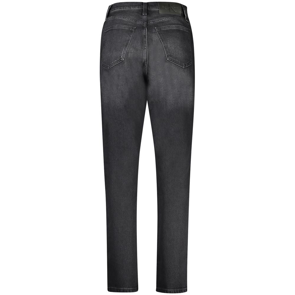 Back view of Calvin Klein black cotton women jeans featuring a high-rise waist and relaxed fit, crafted from premium stretch denim.