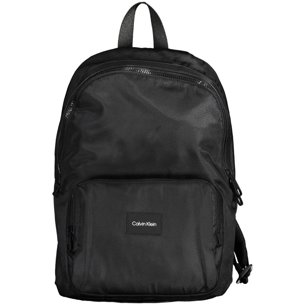 Calvin Klein black polyester men's backpack with logo, featuring a sleek design, external pocket, and secure internal compartment.