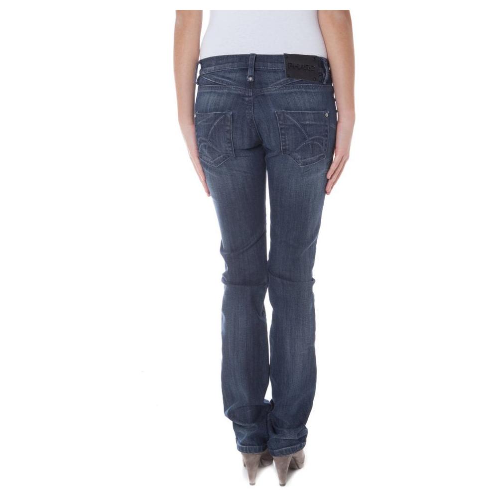 Back view of a person wearing Phard blue cotton jeans with narrow leg, low rise, faded effect, and logo detailing.