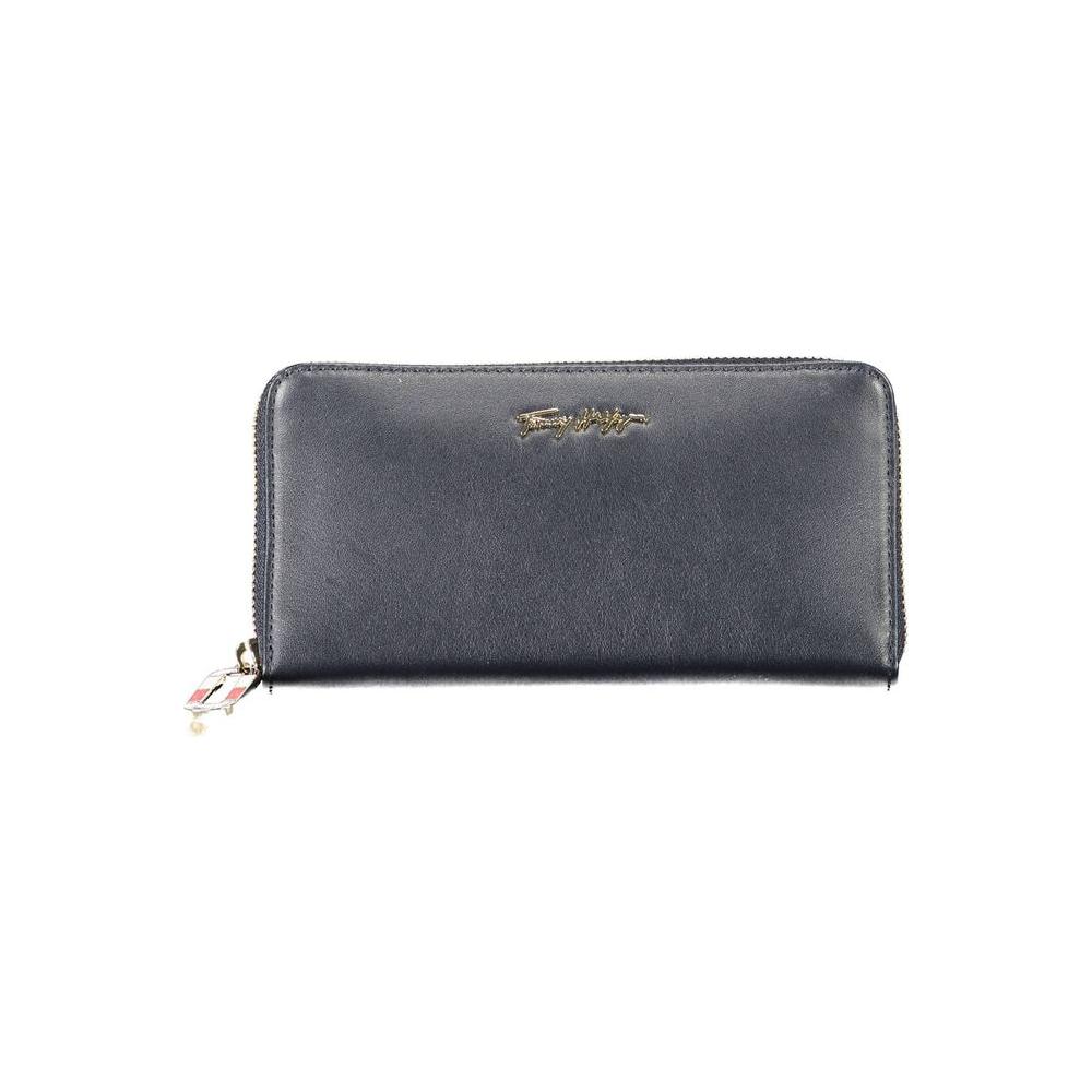 Tommy Hilfiger blue leather women's wallet with logo, card slots, and zip coin purse
