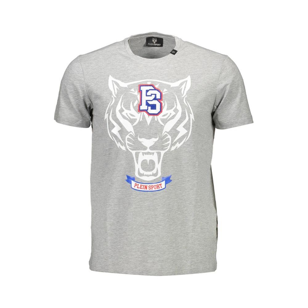 Plein Sport gray cotton men's t-shirt with tiger print, crew neck, and logo. Casual luxury and comfort blended with Italian craftsmanship.