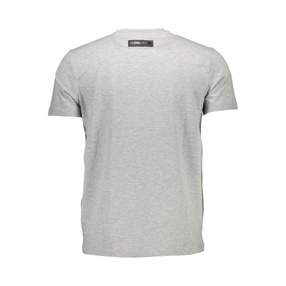 Back view of Plein Sport Gray Cotton Men T-Shirt with crew neck and bold logo, crafted in Italy for lasting comfort and style.