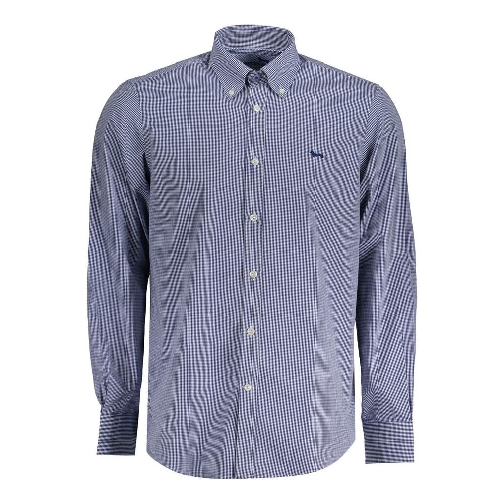 Harmont & Blaine checked blue cotton shirt with long sleeves, button-down collar, one-button cuffs, and logo embroidery.