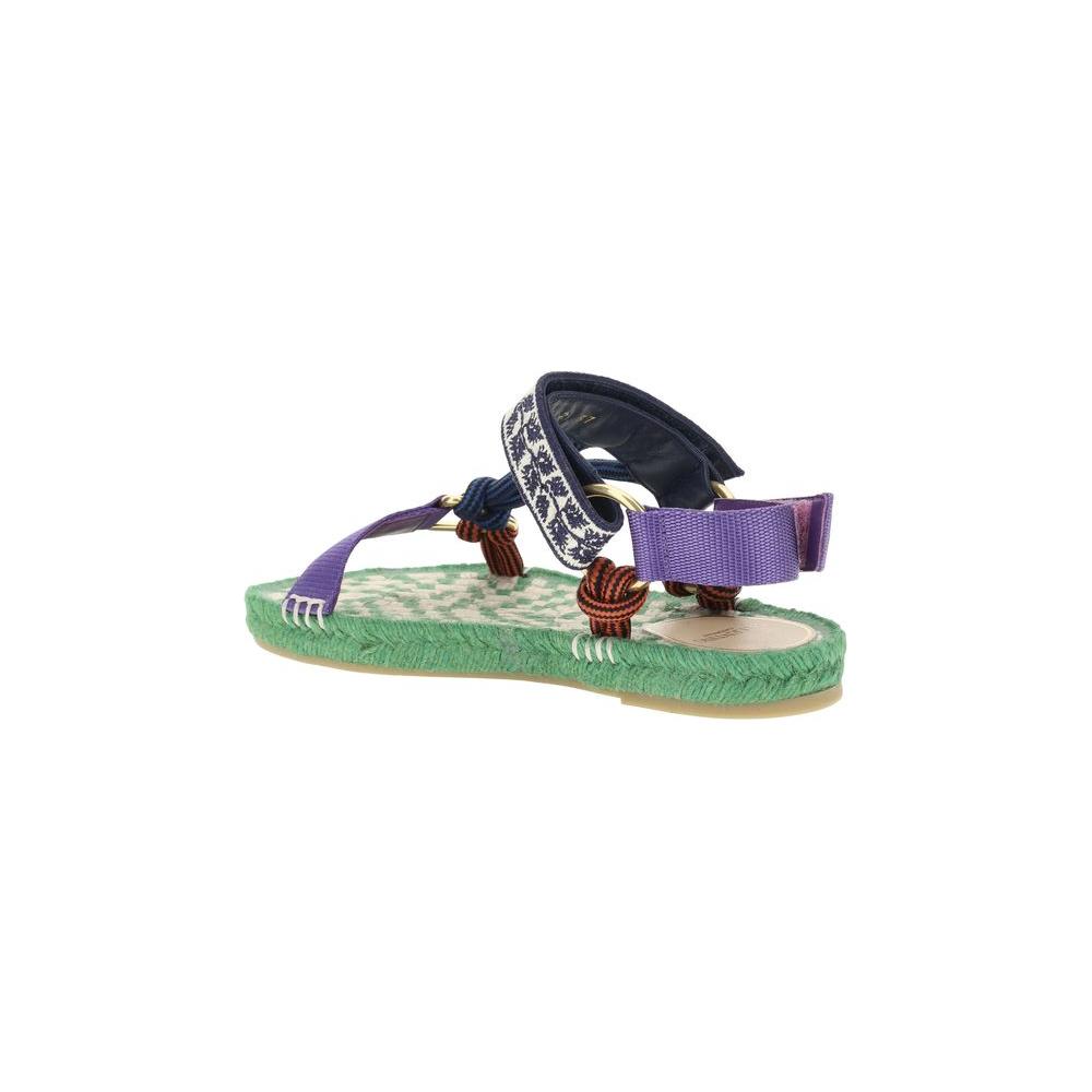 Valentino Garavani Lake Powell Sandals with green rope sole and purple straps, featuring metallic VLogo and Velcro closure.