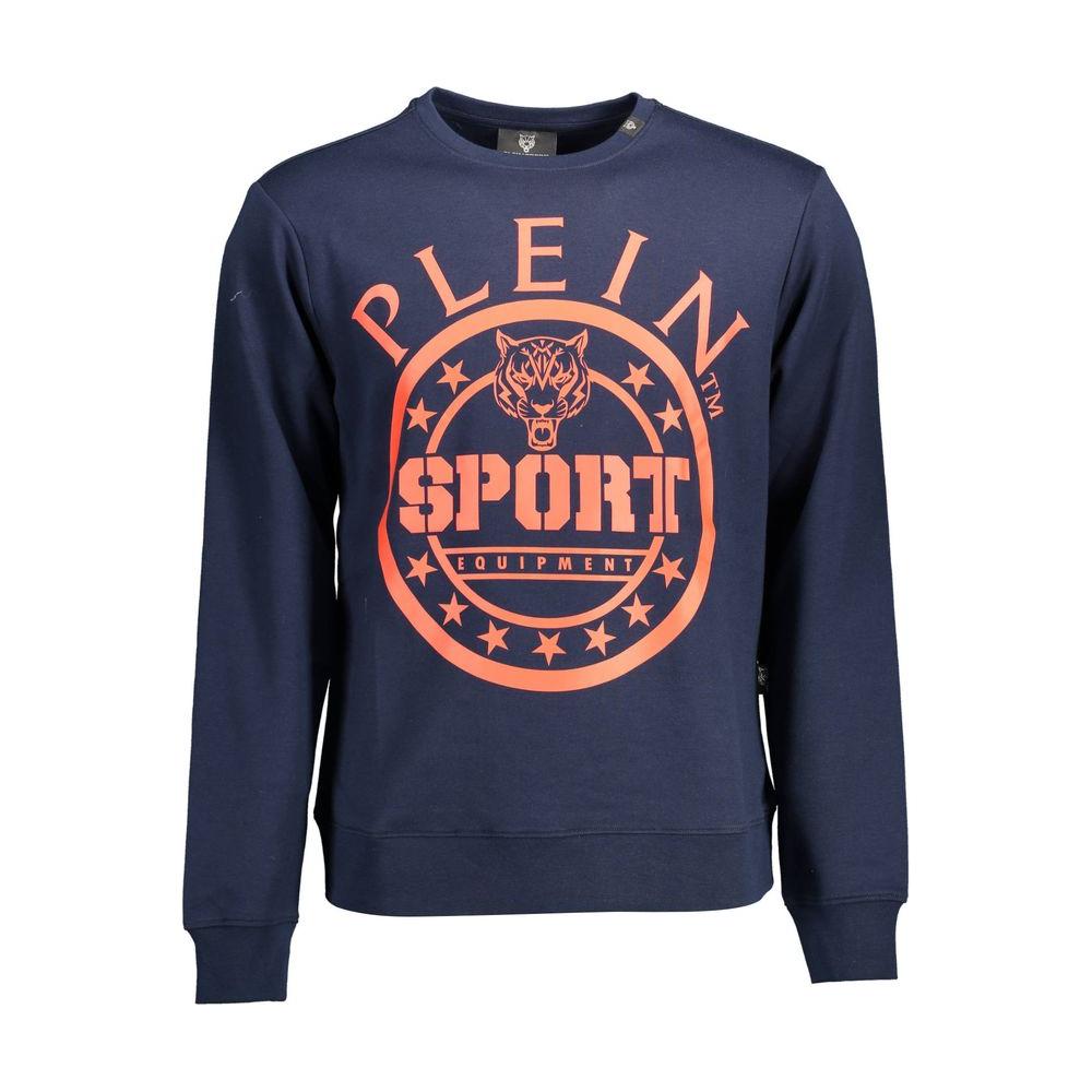 Plein Sport blue cotton men sweater with bold logo print, perfect for high-fashion athleticism and modern style.