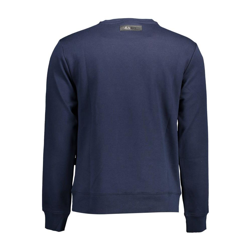 Back view of Plein Sport Blue Cotton Men Sweater showcasing craftsmanship and style for modern athleticism.