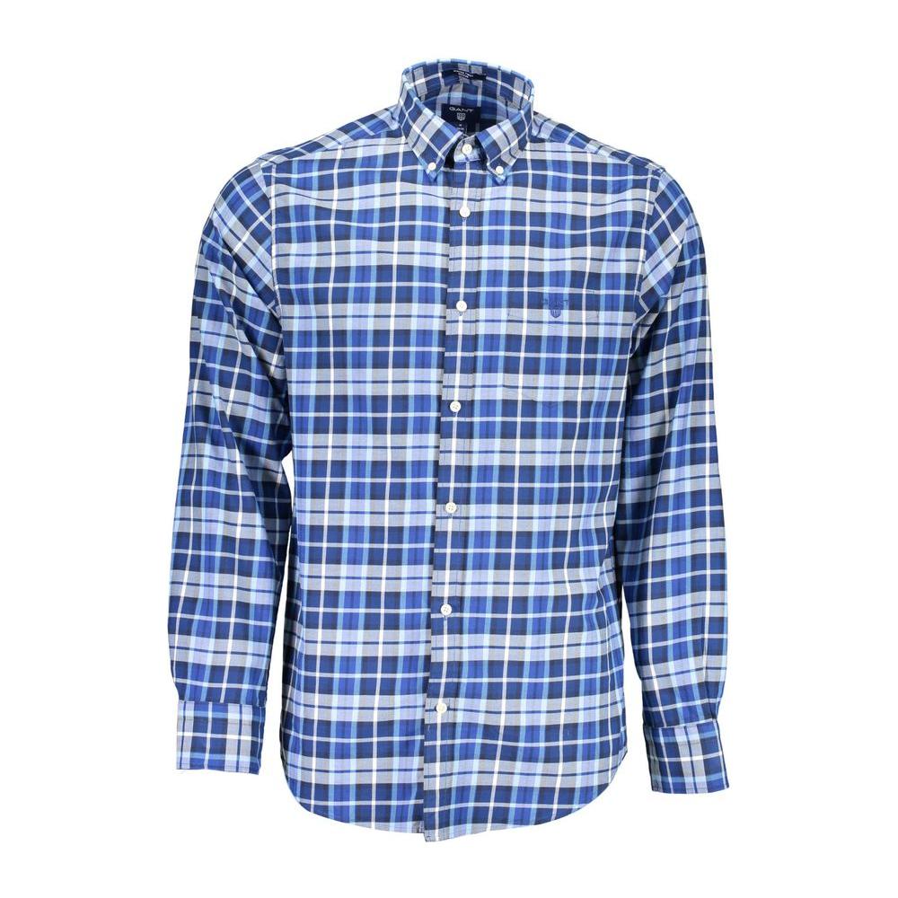 Gant blue plaid cotton men's shirt with button-down collar and single pocket. Classic, stylish long sleeve design for versatile wear.