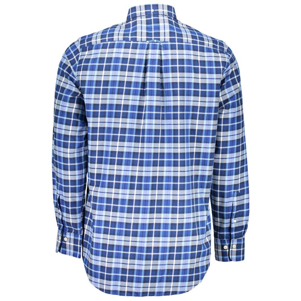 Back view of Gant blue cotton men's plaid shirt with long sleeves and button-down collar.