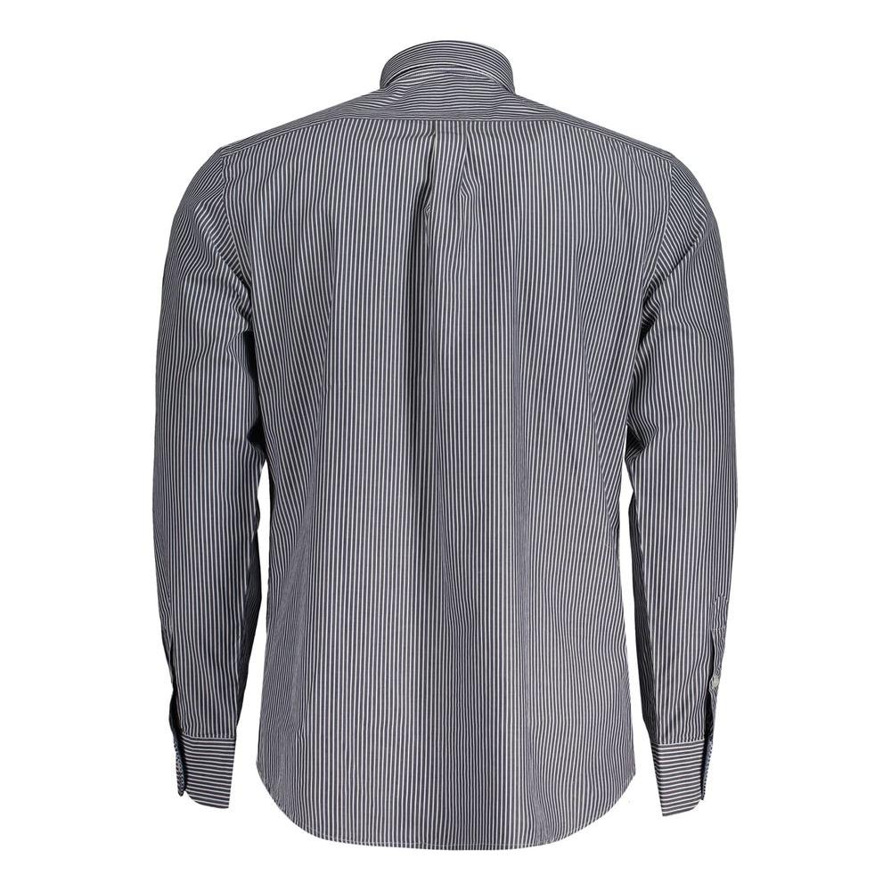 Back view of Harmont & Blaine long sleeve blue striped cotton shirt with button down collar and contrasting inside cuffs.
