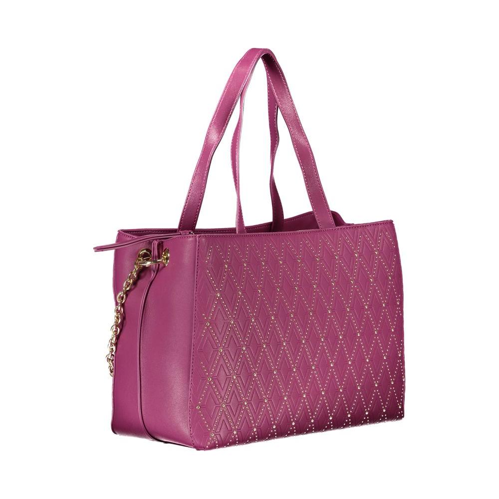 Valentino Bags purple handbag with two handles, removable chain strap, contrasting details, and logo design.