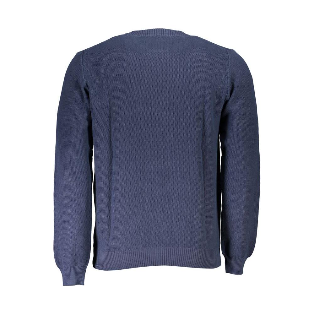 North Sails blue cotton men’s sweater, back view showing ribbed hem and cuffs.