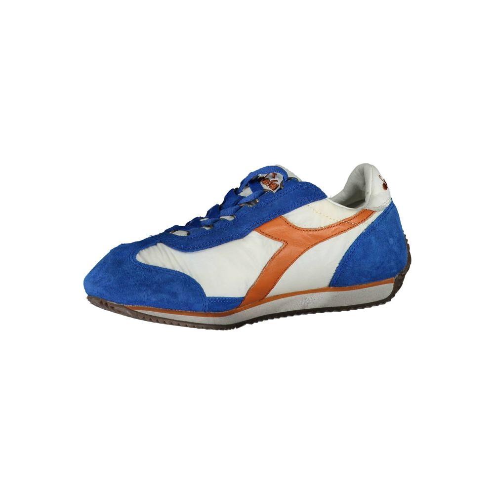 Diadora blue leather women sneaker with orange accents and white detailing, designed for comfort and style, includes extra laces.