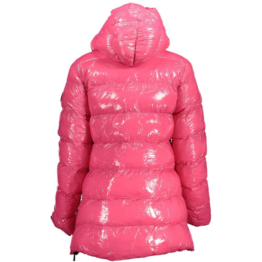 U.S. POLO ASSN. pink polyester women's hooded jacket, back view. Stylish, sporty elegance with logo and functional design.