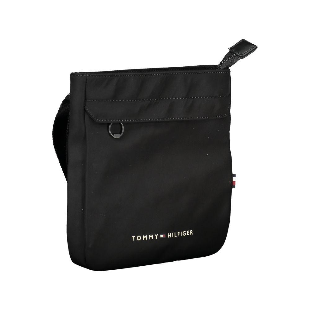 Tommy Hilfiger black shoulder bag with logo, recyclable polyester, adjustable strap for men, secure zip closure, street-smart design