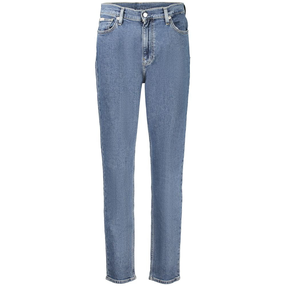 Calvin Klein blue cotton women's mom jeans with stretch and designer logo; sustainable, modern, and stylish casual wear.