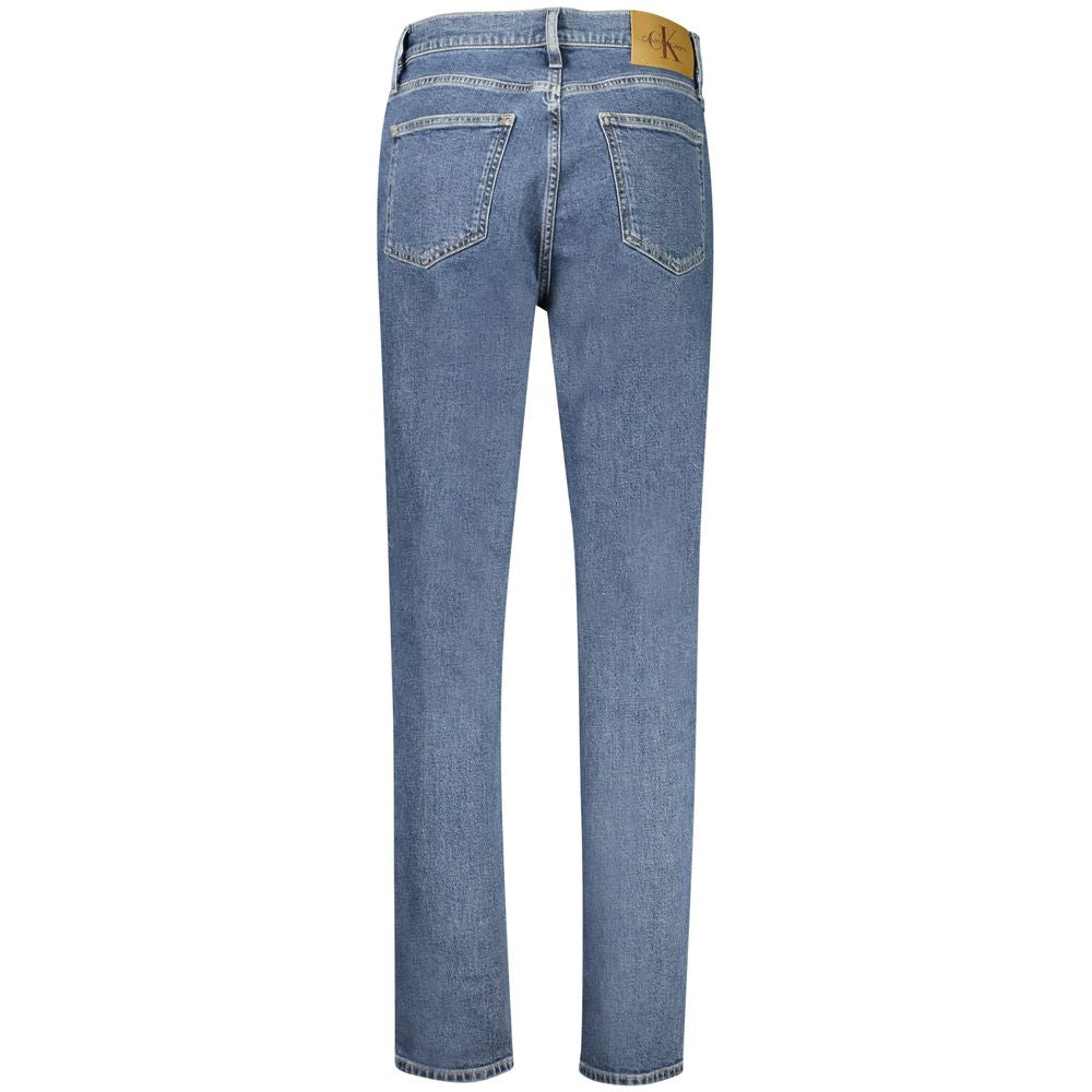 Back view of Calvin Klein blue cotton women's jeans featuring classic mom fit and designer logo patch.