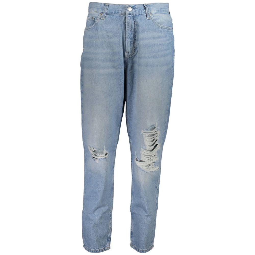 Calvin Klein light blue women jeans with a worn effect, featuring a 5-pocket design and distressed detailing, made from 100% cotton.
